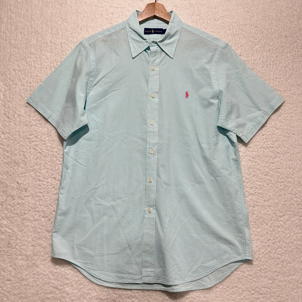 Ralph Lauren Seersucker Button Down Short Sleeve Shirt Pink Pony Size L/G